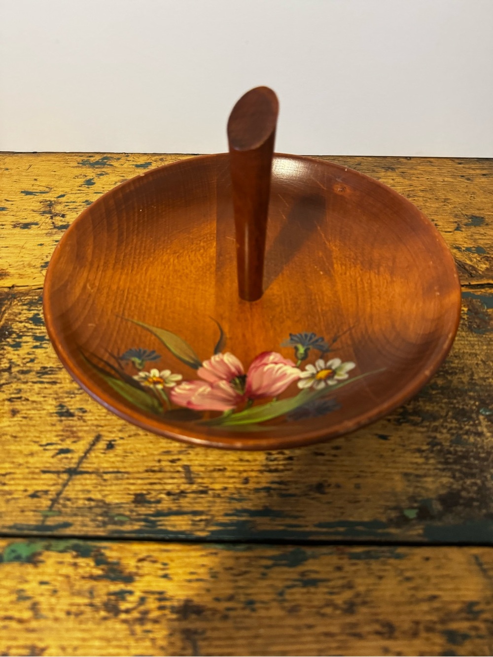 Hand-Painted Wooden Dish in Brown with Floral Accent